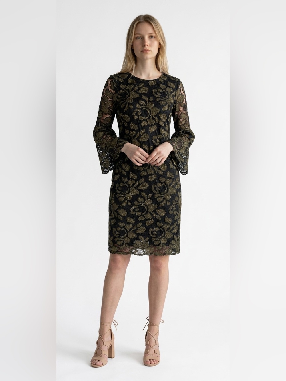 Alfani Lace Bell‑Sleeve Dress NWT | Zip‑Back Lined Floral Overlay | Size 12